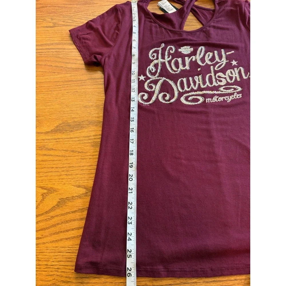 Harley Davidson Womens XL Rhinestone Logo Tee Burgundy Crisscross Back Shirt - Picture 8 of 9